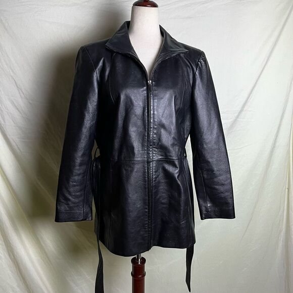Worthington Belted Leather Jacket Zip Up Short Trench Black Y2K Vintage Medium - Picture 7 of 8